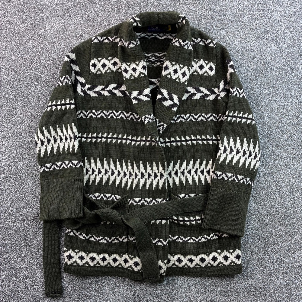 Polo Ralph Lauren Geometric Motif Shawl Collar Cardigan Womens Green Cotton Wool
